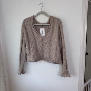 V-Neck Cable Knit Women's Sweater - Taupe